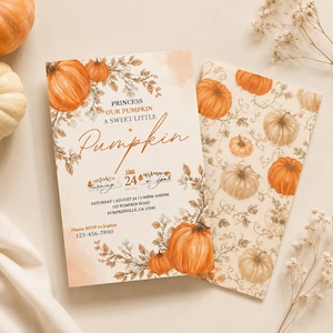 Könnte beinhalten: Eine rechteckige Einladungskarte und ein passender Umschlag mit Aquarellillustrationen von orangefarbenen Kürbissen und Herbstlaub. Der Text lautet: PRINCESS OUR PUMPKIN A SWEET LITTLE Pumpkin, turning 24, Saturday August 24, 123 Pumpkin Road.