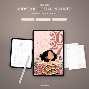 Könnte beinhalten: Ein digitaler Halbjahresplaner 2026-2027, dargestellt auf Tablets und losen Seiten. Das Cover zeigt eine stilisierte Illustration einer Person mit dunklem Haar in einem gestreiften Pullover inmitten von Blumen, mit dem Text 26 27 und international living 2026-2027.