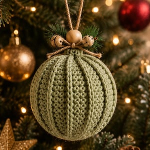Peut inclure: Une boule de Noël crochetée vert sauge avec une texture côtelée verticale. Le sommet est orné d'une perle en bois naturel, de deux petites clochettes en métal et d'un brin de pin artificiel, le tout suspendu par une boucle en ficelle de jute.