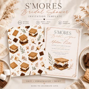 Könnte beinhalten: Eine S'mores Bridal Shower Einladungsvorlage mit einem Muster aus S'mores, Schokoladenstücken und Blättern auf einer Karte sowie Veranstaltungsdetails mit einer S'more-Illustration auf der anderen. Text beinhaltet S'mores Bridal Shower.