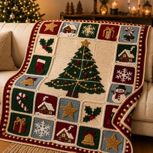 Könnte beinhalten: Eine Häkeldecke mit einem großen zentralen Weihnachtsbaum, umgeben von quadratischen Motiven aus Sternen, Schneeflocken, Häusern, Zuckerstangen, Strümpfen, Glocken und Stechpalmen. Das Design verwendet eine Palette aus Creme, Dunkelgrün, Rot und Hellblau.