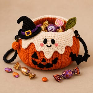 Halloween Crochet Pattern Pumpkin Candy Bag PDF | Ghost Drip Flap & Witch Hat | Crochet Trick or Treat Bag Pattern | Instant Download