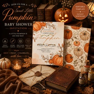 Könnte beinhalten: Eine Babyparty-Einladung mit Kürbis-Thema. Die Einladung zeigt orangefarbene Kürbisse, Herbstlaub und den Text "Sweet Little Pumpkin". Zusätzliche Elemente sind eine brennende Kerze, alte Bücher und dekorative Flaschen.