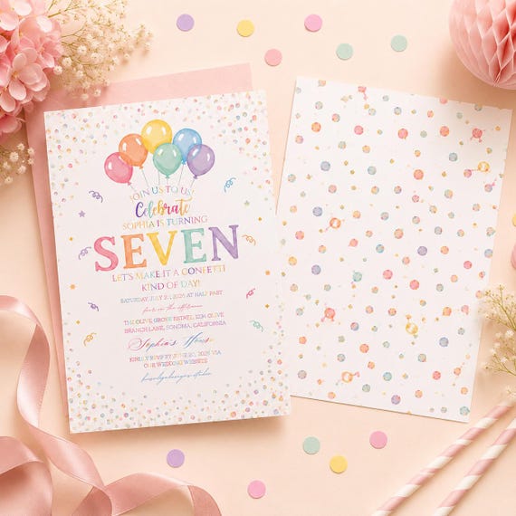 Pastel Birthday Invitation Template, Girl 7th Birthday Invite, Editable Canva, Rainbow Balloon Party Invitation, Confetti Birthday Card, 5x7