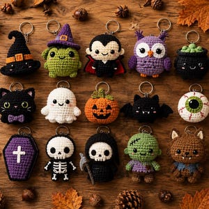 Könnte beinhalten: Eine Sammlung von fünfzehn gehäkelten Schlüsselanhängern zum Thema Halloween, darunter ein Hexenhut, ein grünes Monster, ein Vampir, eine Eule, ein Kessel, eine schwarze Katze, ein Geist, ein Kürbis, eine Fledermaus, ein Augapfel, ein Sarg, ein Skelett, der Sensenmann, Frankenstein und ein Werwolf.
