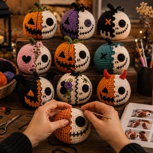 Op de afbeelding: Een collectie van negen ronde, gehaakte pompoenornamenten, elk met een gespleten ontwerp met aan de ene kant een pompoenlantaarn en aan de andere kant een witte schedel. De items hebben verschillende kleuren, waaronder oranje, paars, zwart, roze en blauwgroen.