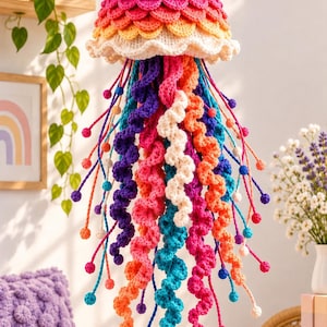 Könnte beinhalten: Eine hängende Häkel-Qualle als Dekoration mit einem mehrfarbigen Schirm aus violetten, rosa, orangefarbenen und gelben Schuppen. Sie hat lange, spiralförmige Tentakel in Blau-, Violett-, Rosa- und Cremetönen, die jeweils mit einer kleinen Perle enden.