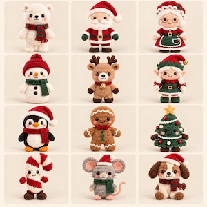 May include: A collection of twelve crocheted Christmas-themed figures including a polar bear, Santa Claus, Mrs. Claus, a snowman, a reindeer, an elf, a penguin, a gingerbread man, a Christmas tree, a candy cane, a mouse, and a puppy.