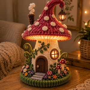 Könnte beinhalten: Eine gehäkelte Pilzhaus-Lampe mit einem strukturierten roten Hut mit weißen Blumenakzenten, einem cremefarbenen Stiel mit brauner Tür, einem kleinen Fenster und einem Schornstein. Die Basis ist mit grünem Blattwerk und bunten Blumen verziert.