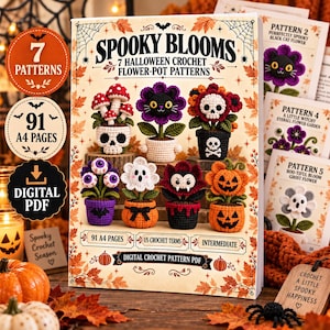 Halloween Crochet Pattern Bundle: 7 Spooky Flower Pot Amigurumi Patterns, 91-Page A4 PDF, Instant Digital Download