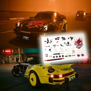 May include: Black and yellow sports car with "SAMURAI" and red graphic decals. A sheet of stickers with various designs is in the foreground. The car is parked on a city street with other vehicles.