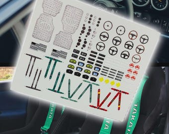 Racecar Interior/boost controllers/Dash displays/analog dashboard/Steerings/Seat belts | white toner Decals for 1/64 scale