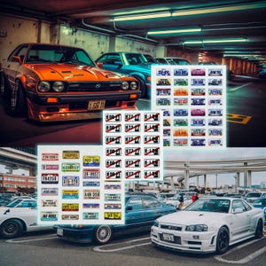 May include: An orange sports car is parked in a garage, with a blue car behind it. Several license plate stickers are displayed, featuring various number and letter combinations. A white sports car is parked in the foreground.