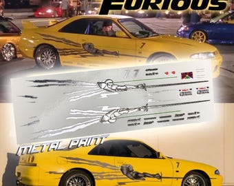 Fast&Furious Leon’s issan R33 Skyline Lackierung | Weiße Wasserschiebebilder Abziehbilder und Vinyl für die Modelle 1/64, 1/24 und 1/10