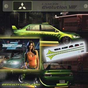 May include: Green Mitsubishi Lancer Evolution VIII car with yellow and black accents, featured in a video game advertisement. Includes a woman in an orange top, and the text "DIFFICULTY LEVEL: EASY".