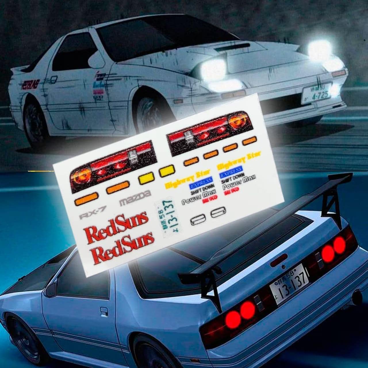 Initial D White Red Suns RX7 FC | Waterslide Decals for 1:64