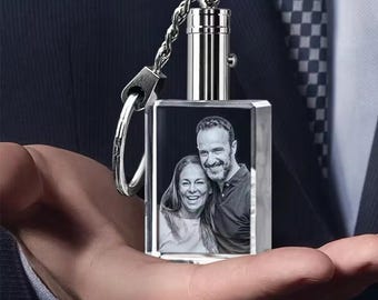 Custom 3D Crystal Photo Keychain, Personalized Laser Engraved Picture Keyring, Memorial & Keepsake Gift