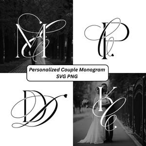Könnte beinhalten: Eine digitale Grafik mit vier verschiedenen schwarz-weißen Monogramm-Designs. Jedes Monogramm zeigt zwei ineinander verschlungene Buchstaben in Schreibschrift, wobei einige Designs kleine Herzakzente enthalten. Der Text Personalized Couple Monogram SVG PNG ist in einem weißen Kasten zentriert.