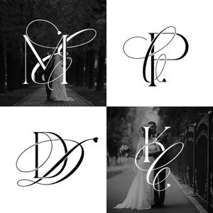 Peut inclure: Modèles de monogrammes de mariage en noir et blanc. Quatre images présentent des initiales élégantes et entrelacées dans différents styles. Chaque design met en valeur une combinaison de lettres, parfait pour la papeterie ou la décoration de mariage personnalisée.