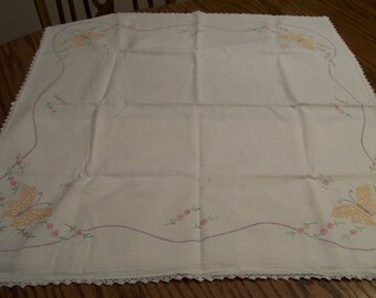 Butterfly Table Topper Vintage Embroidered Tablecloth with Crocheted Border Hand Stitched Yellow Butterflies 28" x 34"