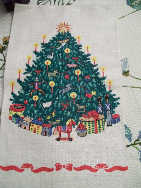 vintage linen christmas tree towel decorative holiday etsy image 0