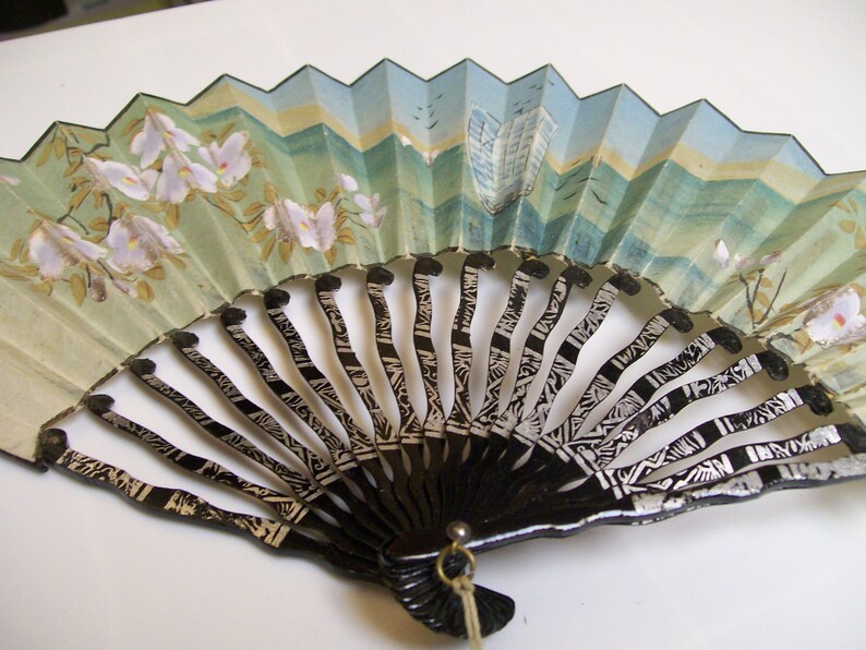 Fan for Collectors Vintage Hand Held Fan Free Shipping Decorative Fan Hand Painted Fan Blue Floral Fan Folding Fan