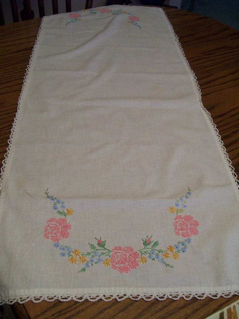 Cross Stitched Table Runner Dresser Scarf Hand Stitched Etsy