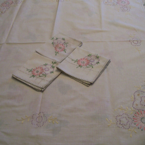 Embroidered Tablecloth, Napkins,  Pink, Lavender, Flowers, 33 Inch Square, Vintage, Hand Stitched, Floral Table Cloth Matching Napkins Set