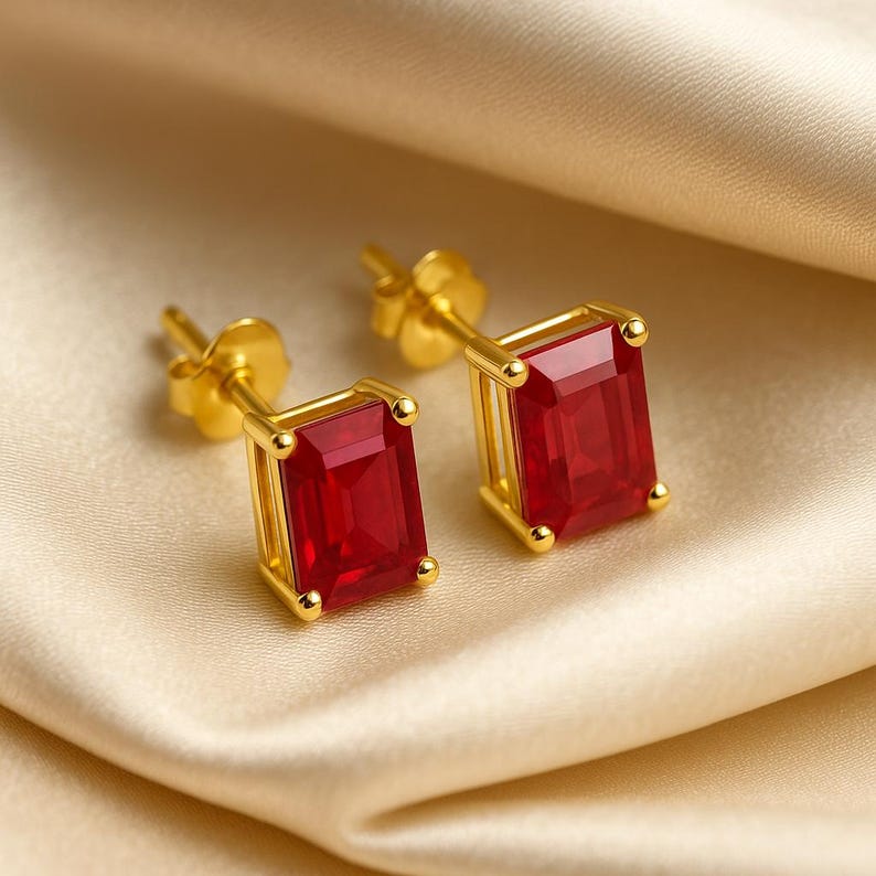 Rectangular Ruby Red Stud Earrings – Sterling Silver Boho Chic Statement Jewelry image 7