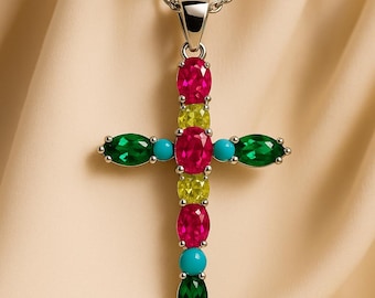 Handmade Multi-Gemstone Cross Necklace | Sterling Silver Statement Jewelry | Exclusive by Curación Holística