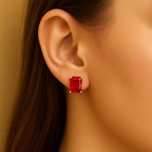 Rectangular Ruby Red Stud Earrings – Sterling Silver Boho Chic Statement Jewelry image 5