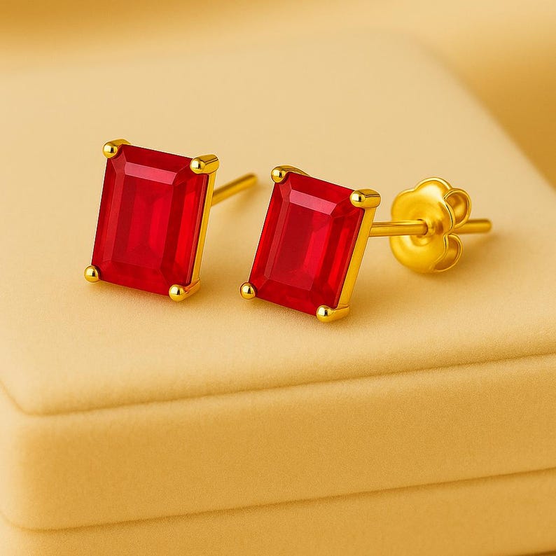 Rectangular Ruby Red Stud Earrings – Sterling Silver Boho Chic Statement Jewelry image 2