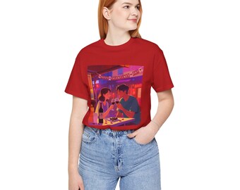 Romantic Date Night Couple Tee | White T-Shirt with Wine Toast Illustration