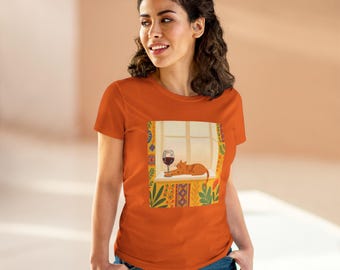 Ginger Cat Wine T-Shirt | Cozy Illustration, Wine Lover Gift
