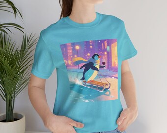 Penguin Sledding with wine | Winter City Snow Scene