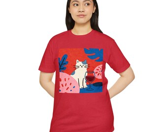 Cat with Wine T-Shirt | Abstract Art, Combed Cotton Blend