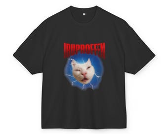 Ibuprofen Cat Heavy Cotton Oversized T-Shirt | Surprised Cat Lightning Graphic Tee