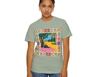 Wine Lovers T-Shirt gift | Floral Border, Colorful Landscape