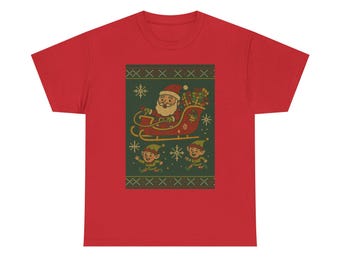 Ugly Christmas Cringe Vintage Santa Sleigh T-Shirt | Retro Christmas Snowflakes Elves Holiday
