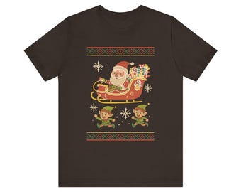 Ugly Christmas Sweater Style Santa in Sleigh with Elves T-Shirt | Christmas Holiday Graphic Tee