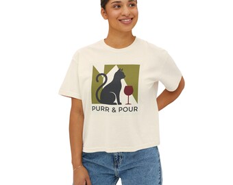 Purr & Pour Cat with Wine Tee | Boxy T-Shirt