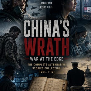 Puede incluir: Portada del libro "China's Wrath: War at the Edge". La portada presenta un collage de imágenes que incluyen un piloto, soldados y un profesional médico. El texto incluye "20 Untold Stories", "200 Chapters" y "Ray Lux".