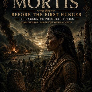 May include: Book cover for "Terra Mortis: Before the First Hunger." The image shows a woman with tribal markings, gazing towards a shoreline with figures. The text includes "Zombie Horror" and "Indigenous America Fiction."