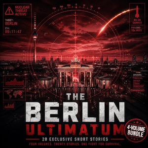 May include: A book cover with a red and black theme, featuring the Berlin skyline and the Brandenburg Gate. The title "The Berlin Ultimatum" is prominently displayed, along with the text "20 Exclusive Short Stories". A 4-volume bundle is advertised.