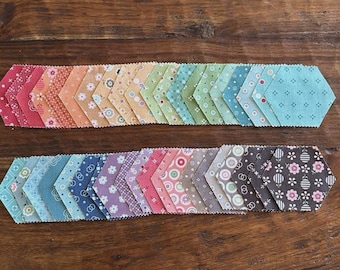 May include: Two rows of colorful, hexagon-shaped fabric pieces arranged in a chevron pattern. The top row transitions from pink to blue, while the bottom row goes from blue to brown. Each piece features a unique floral or geometric design.