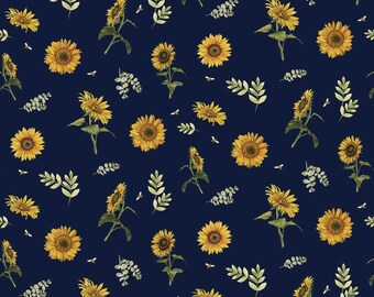 Honey Bees And Flowers Please Sunflowers Navy by Tara Reed for Riley Blake 100% Cotton