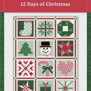 May include: A Christmas-themed quilt pattern featuring twelve festive designs, including a stocking, snowflake, wreath, Christmas tree, snowman, star, candy cane, heart, gift, and more. The quilt measures 48.5" x 63.5" and is labeled "12 Days of Christmas".