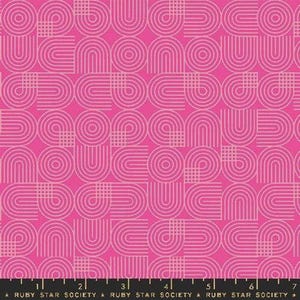 May include: A vibrant pink fabric with a repeating geometric pattern of curved lines and squares. The design features a retro aesthetic, with a bold color palette and a textured appearance. The text "RUBY STAR SOCIETY" is at the bottom.