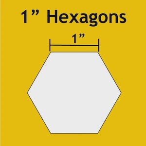 May include: A white hexagon shape with a 1-inch measurement, labeled "1" Hexagons" on a yellow background. The hexagon is outlined in black.