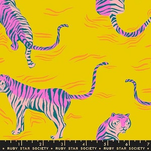 May include: A vibrant fabric pattern featuring stylized tigers in pink and teal stripes against a bright yellow background. The tigers are in various poses, with some partially visible. The design includes orange wavy lines, adding to the dynamic feel. The text "RUBY STAR SOCIETY" is at the bottom.